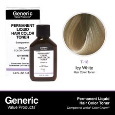 T18 Icy White Permanent Liquid Hair Color Toner Compare to Wella® ColorCharm® Generic Value Products T18 Icy White Permanent Liquid Hair Color Toner Compare to Wella® ColorCharm® | White | Sally Beauty Wella Toner, Beige Blonde Hair, Purple Conditioner, Wella Color Charm, White Hair Color, Liquid Hair, Pale Blonde, Gold Blonde, Wella Color