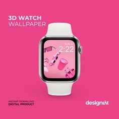 an apple watch with pink background and the text,'3d watch wallpaper '