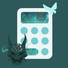 a calculator sitting next to a bird on top of a green background with blue circles