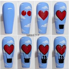 Ballon Nail Art, Rose Nail Art Tutorial Step By Step, Hot Air Balloon Nail Designs, Hot Air Balloon Nail Art, Heart Design Nail Art, Hot Air Balloon Nails, Step By Step Nail Designs, Balloon Nails