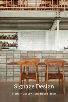 three wooden chairs sitting next to each other in front of a brick wall with the words, signage design modern luxury board ideas