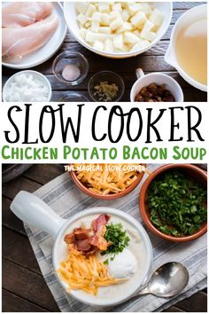 the cover of slow cooker chicken potato bacon soup is shown with bowls and spoons