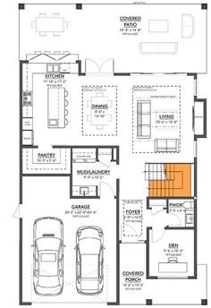 the floor plan for a two story house with an attached garage and three car spaces