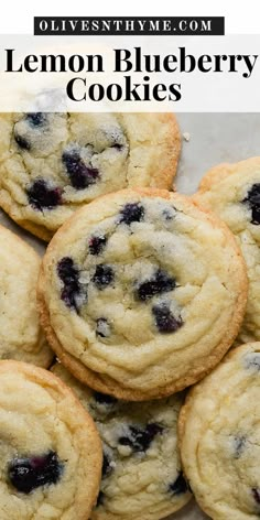 lemon blueberry cookies stacked on top of each other with the title overlay above