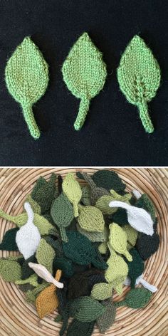 crocheted leaves are sitting in a basket next to the same item on the table