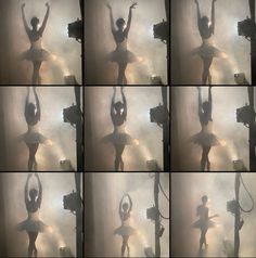 multiple shots of a woman with her arms up in the air and holding a camera