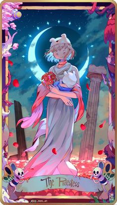 an anime character holding flowers in front of a full moon and stars filled night sky