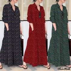 Olivia Mark - Cotton Linen Printed Shirt Dress with Turn-Down Collar, Long Sleeves, and Casual Loose Fit Vintage Long Dress, Petite Maxi Dress, Spring Dresses Women, Elegant Maxi Dress, Islamic Clothing, Printed Shirt Dress, Long Shirt Dress, Dress With Cardigan, Petite Dresses