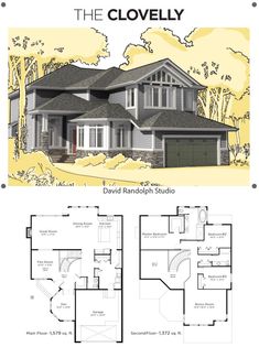 two story house plans with garage and living room in the front, one bedroom on the second