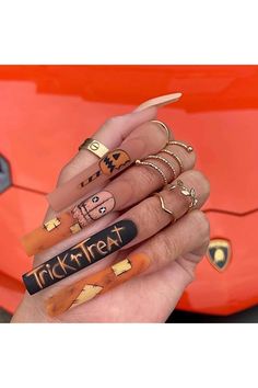 Halloween Press on Nails Long Coffin Fake Nails with Trick &#39;r Treat Patch In Stitches Ghost Designs Anime Press on Nails Ghost Face Nails Press on Acrylic Nails Orange Brown Glue on Nails for Women Type Nails, Matte Acrylic Nails, Orange Acrylic Nails, Press On Nails Long, Manicure Diy