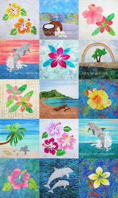 an art project with flowers and dolphins on the beach in different stages of creation, including watercolors