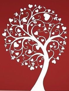 a white tree with hearts on it against a red background