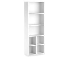 a white bookcase with three shelves on each side