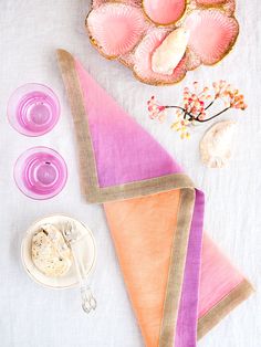 Kim Seybert Sorbet Dip Dye Napkins Weston Table Ombre Dyed Fabric, Hand Dyed Napkins, Shibori Tablecloth, Summer Hand-dyed Tie-dye Scarves, Pink Hand-dyed Scarf, Kim Seybert, Dip Dye, Metallic Foil, Table Linens