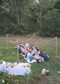 a group of people sitting on top of a lush green field next to a forest