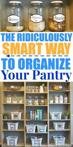 an organized pantry with jars and containers on the shelves, labeled'the ridiculous smart way to organize your pantry '