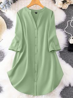 Mint Green Casual Collar Long Sleeve Woven Fabric Plain Shirt,Tunic Embellished Non-Stretch  Women Plus Clothing Long Shirts For Women Casual, Tunics For Women, Long Shirt Outfits, Long Shirt Tops, Dress Outfits Party, Plus Size Summer Casual, Stylish Kurtis Design