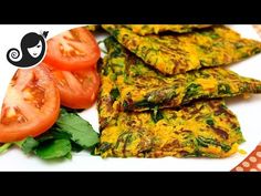 vegetable pancakes on a plate with tomatoes and spinach leaves in the background, text overlay reads vegetables pancakes