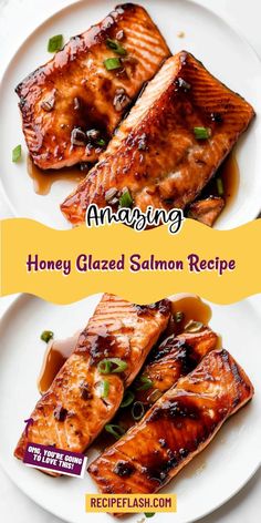 honey glazed salmon recipe on a white plate with text overlay reading amazing honey glazed salmon recipe