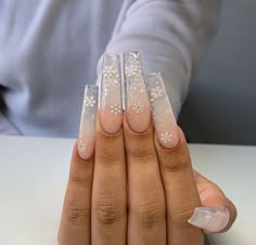 Nail tech @nailsbyhenryboston_2 Clear Nails With Snowflakes, Clear Snowflake Nails Acrylic, Clear Snowflake Nails, Christmas Snowflakes Nails, Nail Inspired, Excited For Christmas, Luminous Nails