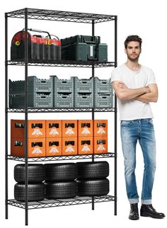 a man standing in front of a metal shelving unit filled with tires and boxes