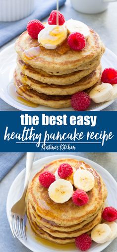 pancakes with bananas and raspberries are stacked on top of each other, the best easy healthy pancake recipe