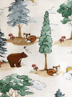 an image of a bear and other animals in the woods on a white background with trees