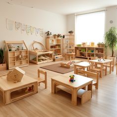 a child's play room with wooden furniture and toys