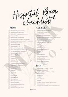 the hospital bag checklist is shown in black and white with flowers on it's side