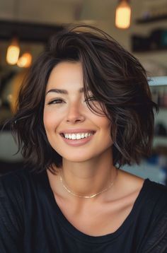 Lob With Side Bangs Fine Hair, Wake Up And Go Haircut, Layered Bob Hairstyles For Round Face, Short Bob Haircuts For Thick Hair, Italian Bob 2024 Round Face, Short Hair Styles 2024, Short With Layers, Above The Shoulder Haircut With Layers, Hair Styles Brunette