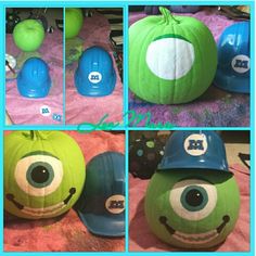 several pictures of pumpkins with different designs on them, including one wearing a baseball hat