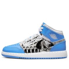 The Air Jordan 1 Mid 'Game Winner' is a stylish and iconic sneaker. Its unique side-printed photo inspired the design, featuring a striking combination of powder blue and white college colors. The iconic Jumpman logo is immortalized on the special woven tongue overlay, while the tongue itself features a basketball-inspired pattern. Perfect for any activity, this sneaker is sure to turn heads. It's part of the Air Jordan 1 series, which has been a staple of the sneaker world since its inception. (AJ1/SNKR/Retro/Basketball) Blue Lace-up Sneakers With Logo Print, Light Blue High-top Basketball Shoes For Streetwear, Light Blue Lace-up High-top Sneakers For Streetwear, Light Blue Basketball Shoes For Streetwear, Light Blue High-top Sneakers With Boost Midsole For Streetwear, Light Blue Sneakers With Rubber Sole For Streetwear, Light Blue Mid-top Sneakers For Streetwear, Blue High-top Sneakers With Graphic Print, High-top Light Blue Skate Shoes For Streetwear