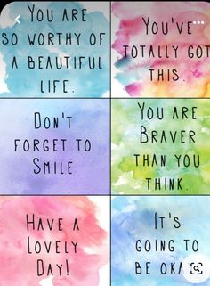 four watercolor cards with words on them