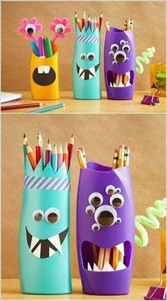 three different colored pencil holders with faces and mouths on them, one is made out of plastic