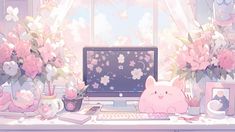 a desktop computer sitting on top of a desk with pink flowers in the window sill