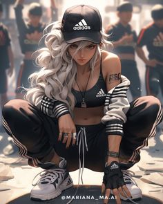 a woman with white hair and tattoos sitting on top of a skateboard