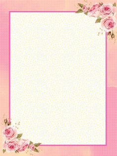 pink roses are on the corner of a white paper with polka dots and an ornate border