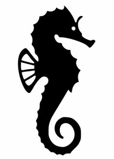 a black and white silhouette of a seahorse with its tail curled in the wind