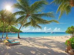 a beach with palm trees and lounge chairs