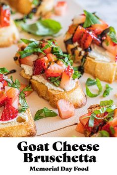 goat cheese bruschetta with fresh strawberries and basil on toasted bread