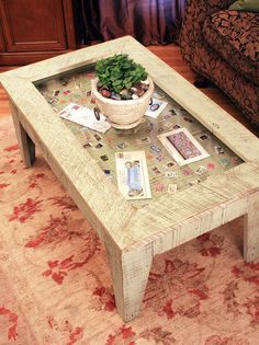 a coffee table with pictures on it that says wood working save now and visit us