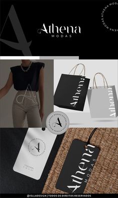 the logo for an italian fashion brand is shown in black and white, along with two shopping bags