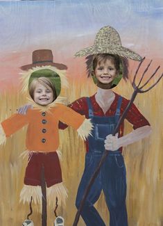 two children standing in front of a painting of wheat fields with scarecrows on their heads