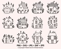 the different types of houses and trees in black and white, with text that reads png