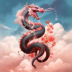 a dragon is flying through the air with its mouth open