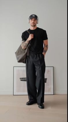 Starboy Fashion Men, Black Aesthetic Mens Fashion, Black Outfit Men Casual Classy, Clean Style Outfit Men, Wide Trousers Outfit Men, Mens Black Loafers Outfit, All Black Male Outfits Aesthetic, Aesthetic All Black Outfit Man, Dark Street Wear Aesthetic Men