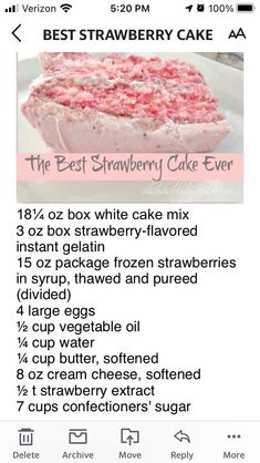 the best strawberry cake ever recipe on an iphone screen, with text overlaying it