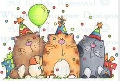 three cats wearing party hats and balloons