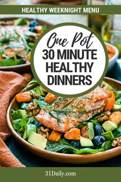 a plate with salmon and vegetables on it that says one pot 30 minute healthy dinners