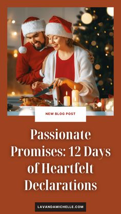 two people in santa hats are looking at a tablet with the text passionate proms 12 days